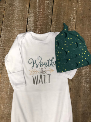 Worth the Wait Baby Gown & Teal Hat Set