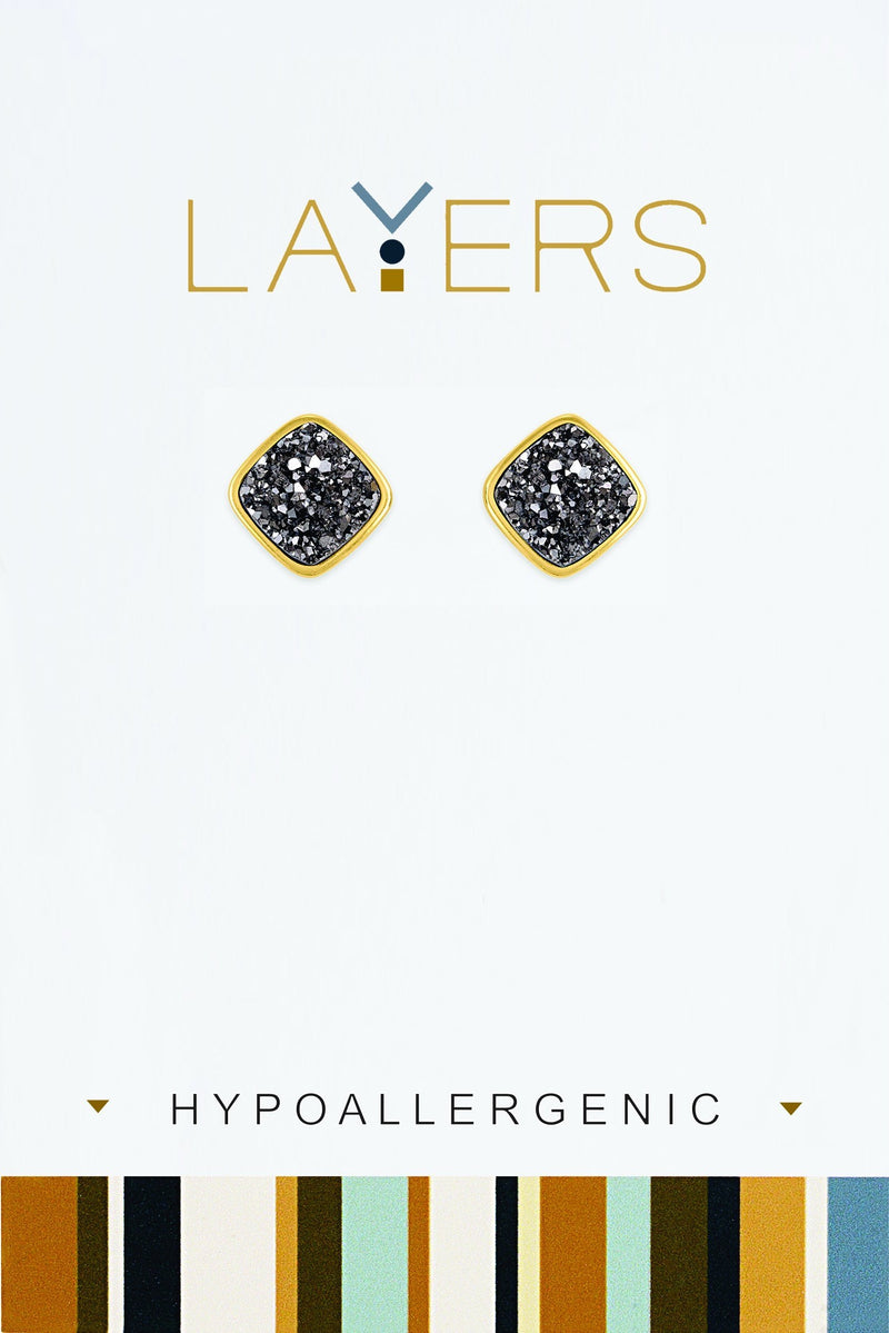 Square Charcoal Druzy Layers Earrings in Gold