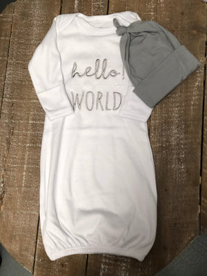 Hello World Baby Gown & Hat Set