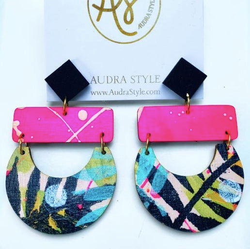 Madeline-Neon Pink/Black Aqua Fern Audra Style Earrings