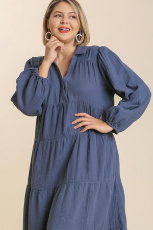 Umgee Time To Remember Ash Blue Gauze Tiered Maxi Dress