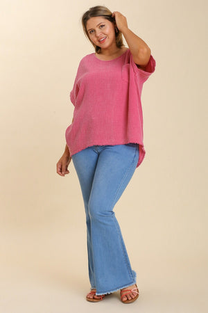 Umgee Stop & Pink About It Mineral Wash Dolman Sleeve Top