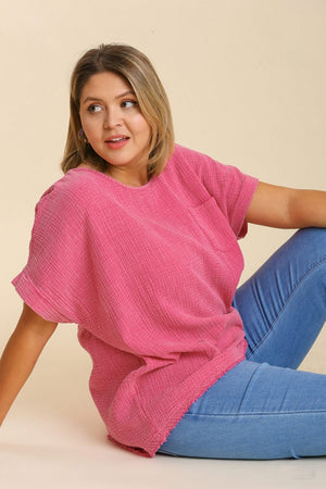 Umgee Stop & Pink About It Mineral Wash Dolman Sleeve Top
