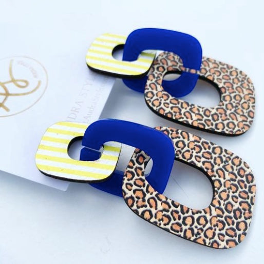 Lola-Yellow Stripe Blue Leopard Audra Style Earrings
